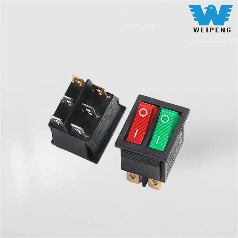Kcd4 Double Rocker Boat-shaped Switch Dpdt 6-pin med rødt og grønt lys